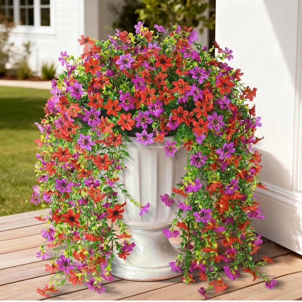 ZFProcess Artificial Hanging Flowers 2 Pcs Red Purple NEW UV Resistant 24.8in